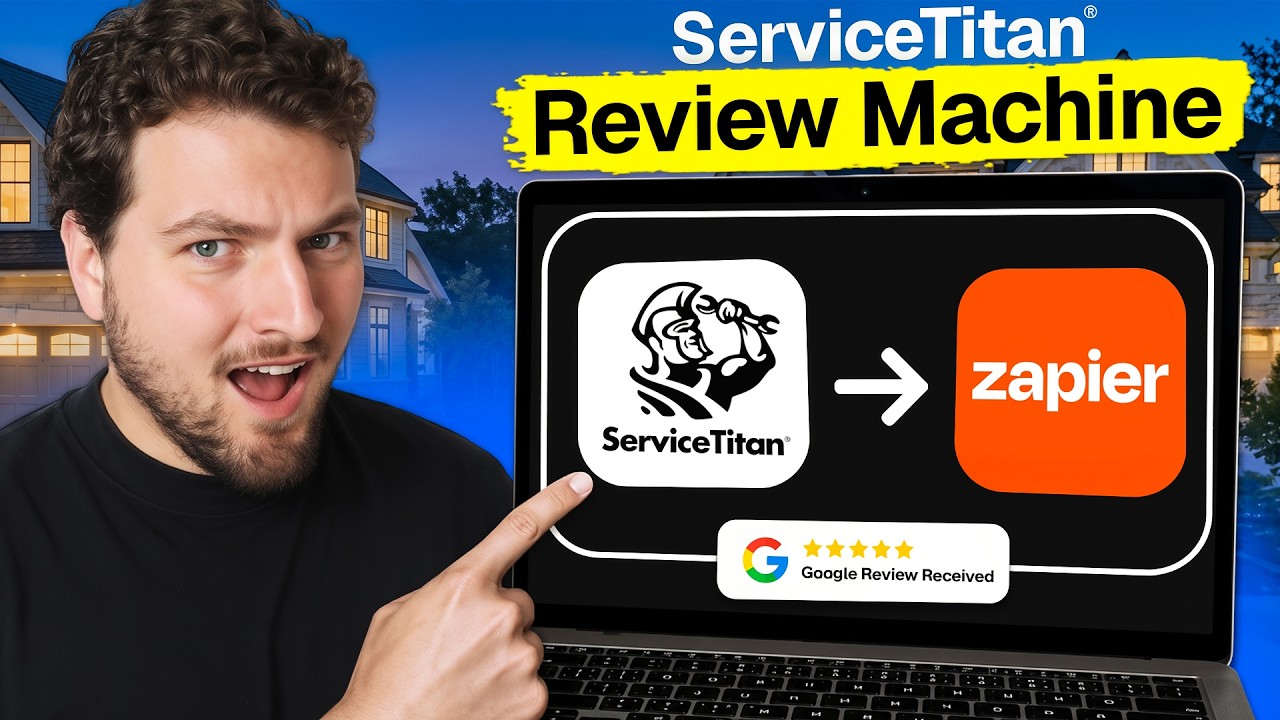 YouTube walkthrough thumbnail showing a Service Titan to Zapier Google review request automation