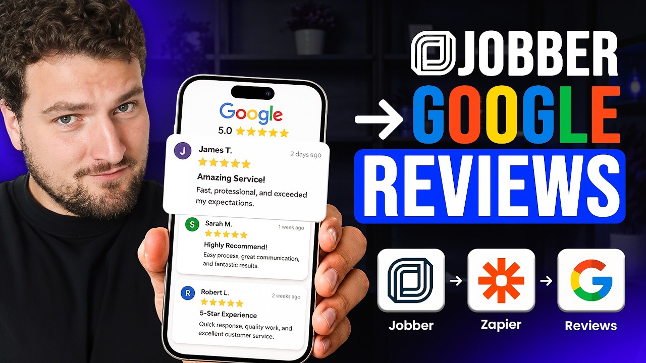 YouTube walkthrough thumbnail showing a Jobber to Zapier Google review request automation