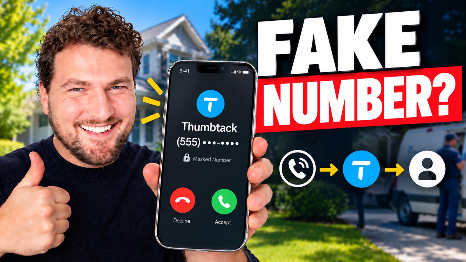 Bryan Shankman holding a phone showing a Thumbtack masked number beside the words Fake Number?